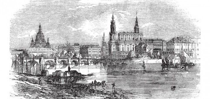 Dresden Altstadtansicht, vom Neustädter Elbufer aus, nach Canalettos berühmter Altstadtansicht, links die Frauenkirche, an der Brühlschen Terrasse noch die Brühlsche Galerie und das Brühlsche Stadtpalais, das Bild muß also vor der preußischen Beschießung der Stadt 1760 im Siebenjährigen Krieg entstanden sein, bei der die "Brühlschen Herrlichkeiten" an der Brühlschen Terrasse zerstört worden waren